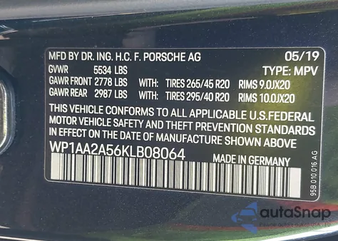 2019 Porsche Macan z USA, uszkodzony, nr VIN WP1AA2A56KLB08064